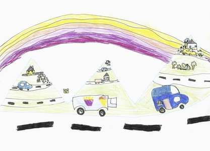 Childs drawing cars and trucks on road below rainbow