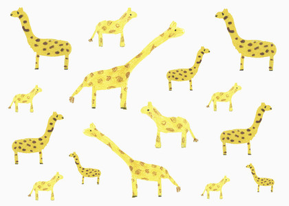 Childs drawing yellow giraffe pattern on white background