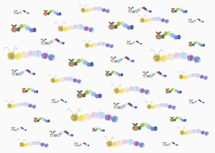 Childs drawing multicolor caterpillar pattern on white background