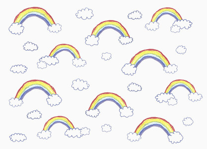 Childs drawing vibrant rainbow and cloud pattern on white background