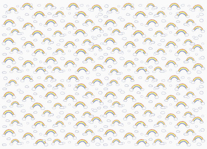 Childs drawing tiny vibrant rainbow and cloud pattern on white background