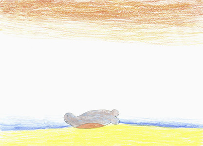 Childs drawing seal laying on ocean beach
