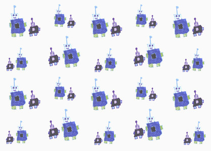 Childs drawing blue anthropomorphic robot pattern on white background
