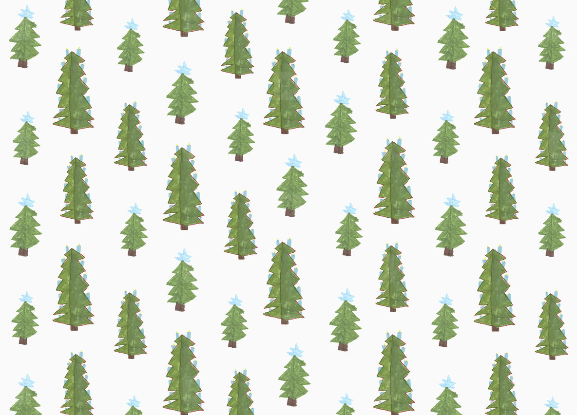 Childs drawing green Christmas tree pattern on white background