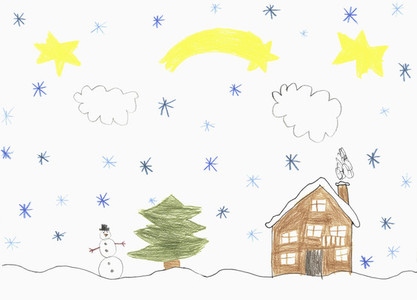 Childs drawing snow falling over house and snowman
