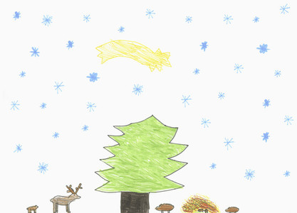 Childs drawing shooting start over tree and forest animals