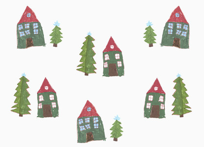 Childs drawing house and Christmas tree pattern on white background