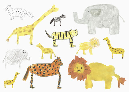 Childs drawing safari animals on whit background