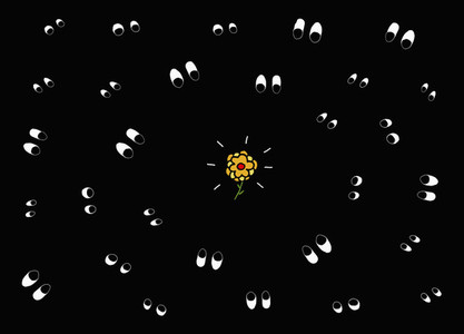 Eyes in the dark looking at glowing flower