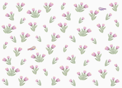 Hummingbirds and purple flower pattern on white background
