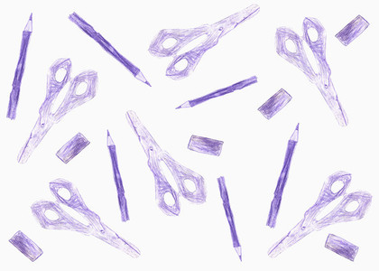 Purple scissors erasers and pencils on white background