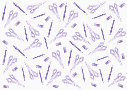 Tiny purple scissors  erasers and pencils on white background