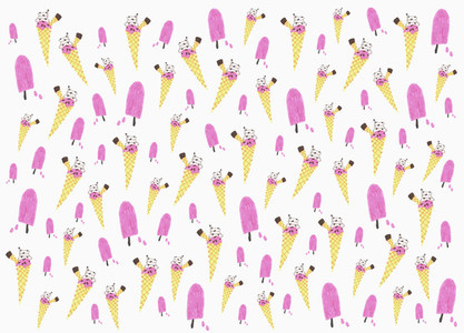 Pink flavored ice and ice cream cone pattern on white background