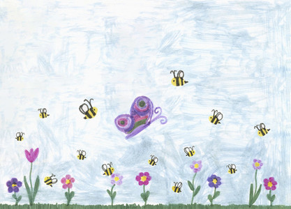 Childs drawing bumblebees and butterfly above springtime flowers
