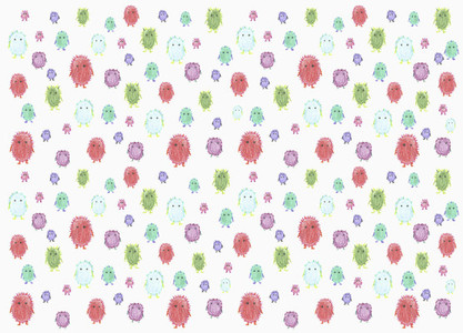 Childs drawing tiny cute multicolor monsters on white background
