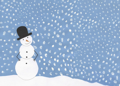 Illustration snowman against snowy blue sky