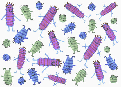 Illustration anthropomorphic multicolor virus on white background