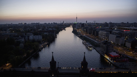 Scenic view Berlin and Spree River at dusk