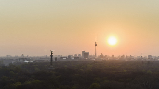 Golden sunset over Berlin cityscape and Television Tower