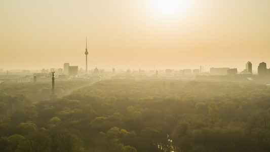 Golden sunset over Berlin and Volkspark Friedrichshain park