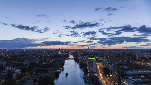 Scenic view Berlin cityscape and Spree River at twilight