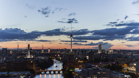 Television Tower and Berlin cityscape illuminated at night