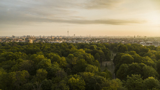 Scenic sunset view Volkspark Friedrichshain park and Berlin cityscape