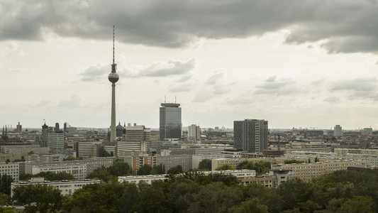 Berlin cityscape and Television Tower under overcast sky