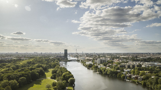 Sunny scenic Berlin cityscape and Spree River