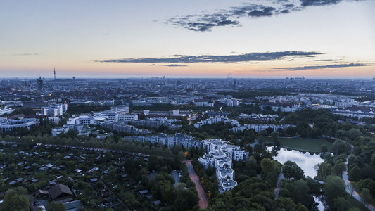 Scenic Munich cityscape and Westpark at dusk
