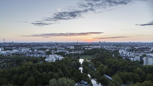 Scenic sunset view Westpark and Munich cityscape