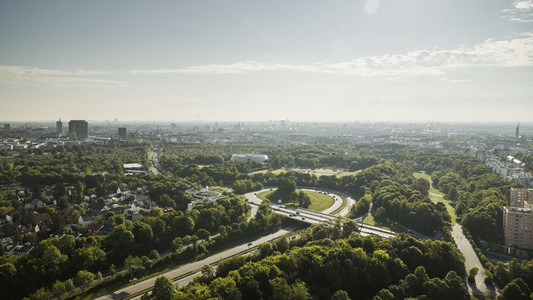 Sunny Munich cityscape and Westpark