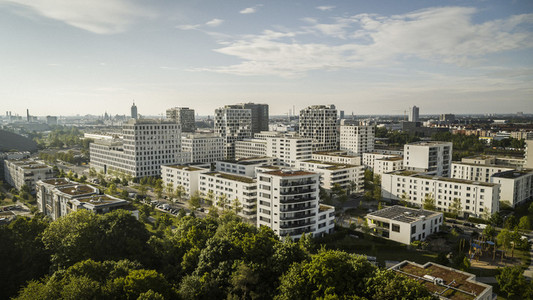 Sunny Munich cityscape and Hirschgarten