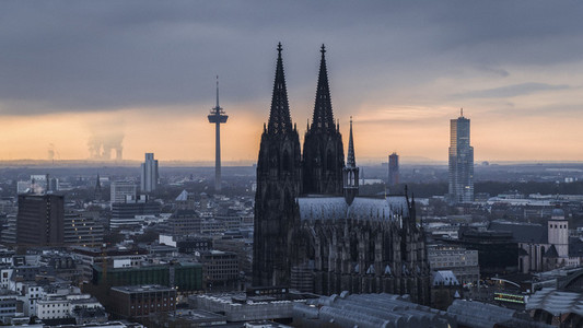Cologne Cathedral and Colonius TV Tower at sunset