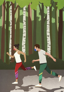 Couple with protective face masks jogging in sunny park