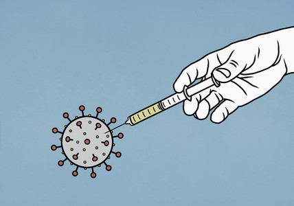 Hand injecting vaccine syringe into coronavirus pathogen