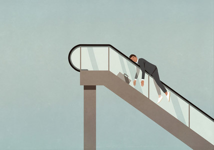 Exhausted businessman on ascending escalator