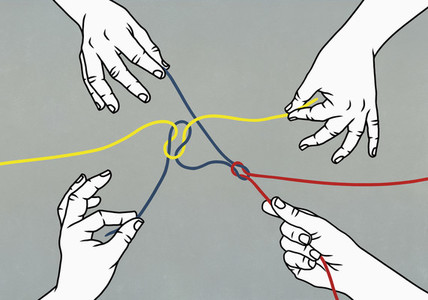 Hands pulling tangled strings