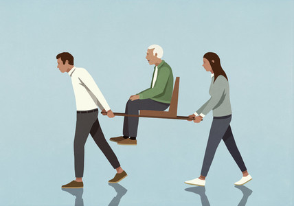 Couple carrying senior man on sedan chair