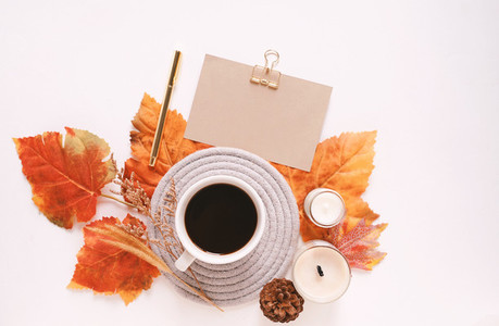 Flat lay of mockup greeting card and autumn holiday concept back