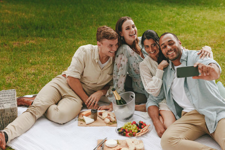 Group of friends taking selfie at picnic
