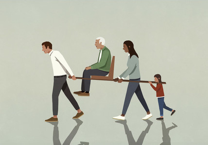 Family carrying grandfather on litter seat