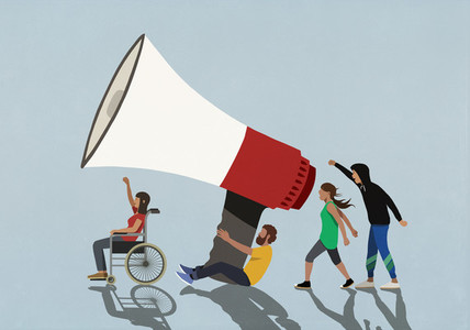 Protesters with large megaphone