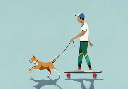 Dog on leash pulling boy riding skateboard