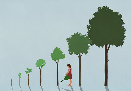 Girl watering sequence of growing trees