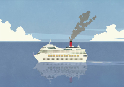 Smoke emitting from cruise ship smokestack on ocean