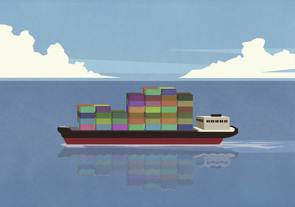 Container ship on sunny ocean