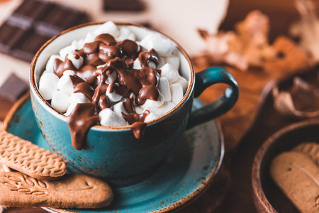 Close up of hot chocolate with marshmallows on the table  Autumn or winter cozy still life