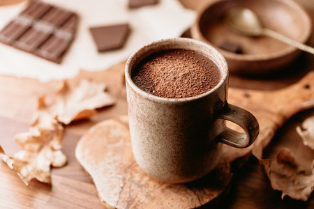 Close up of hot chocolate on the table  Autumn or winter cozy still life