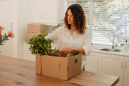 Woman checking home delivered groceries